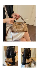 Detailed view of women straw woven shoulder bag, casual handbag with brown leather trim.