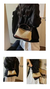 Detailed view of straw woven shoulder bag with brown leather trim, casual daily handbag style.
