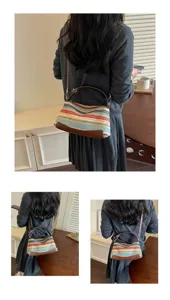 Detailed view of the colorful woven straw shoulder bag showcasing texture and stylish design.