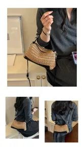 Stylish woven straw handbag with black leather trim, versatile single shoulder crossbody bag daily.