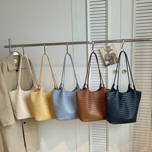 Large Capacity Woven Tote Bag For Women PU Leather Commuting Shoulder Bag Casual Solid Color Bucket Handbag Female