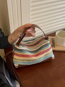 Colorful striped woven crossbody bag for women casual straw shoulder bag with top handle.