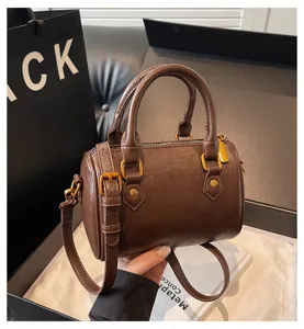 Brown retro Boston bag PU leather top handle shoulder crossbody handbag for women