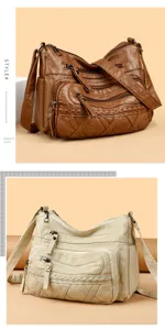 Vintage multi-pocket leather shoulder bag for women casual crossbody handbag with zippers.