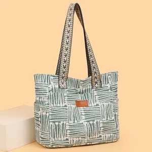 Women vintage casual striped canvas tote bag large capacity shoulder commuting handbag
