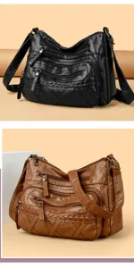 Retro multi-pocket leather shoulder bag, stylish vintage crossbody handbag for women daily commute.