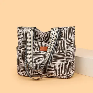 Canvas tote bag women large capacity shoulder bag casual retro commuter handbag stylish patterned