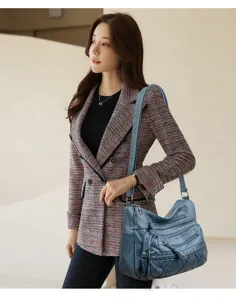 Detailed view of women casual blue shoulder bag with multi-pockets and stylish daily design.