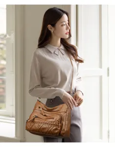 Retro women shoulder crossbody bag casual vintage brown multi-pocket hobo handbag for daily use