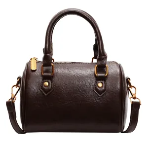 Vintage dark brown Boston handbag for women, versatile PU leather crossbody shoulder bag new.