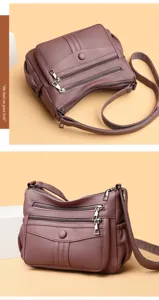Dettaglio della borsa a tracolla in morbida pelle con tasche multiple e zip sicure e comode.