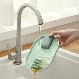 Kitchen pot lid holder countertop rack, green plastic multi-functional spatula stand for home storage.