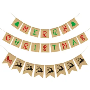 Burlap Christmas banner with Merry Christmas text, reindeer and tree flags for party decor.