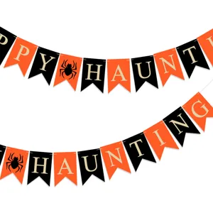 Σετ γιρλάντας Halloween με σημαίες χελιδονιού, μοτίβο αράχνης και γράμματα.