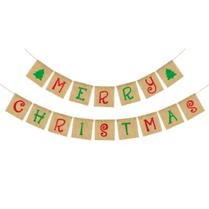 Christmas burlap banner detail view, rustic party decoration hanging flag with Merry Christmas.