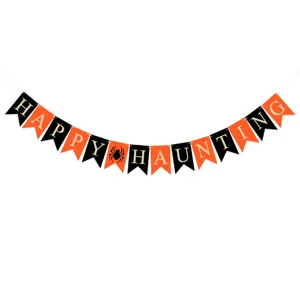 Γιρλάντα Διακόσμησης Πάρτι Halloween Happy Haunting Υφασμάτινη Σημαία Χελιδονουρά για Εσωτερικό Τοίχο Τζάκι Διακόσμηση Πάρτι