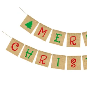 Burlap Christmas banner detail, rustic holiday party hanging decoration with festive letters.