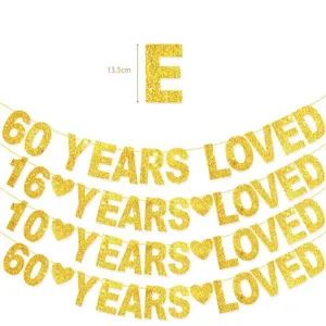 Gold glitter party banner letter detail showing size and celebratory text options.