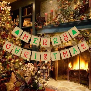 Burlap Christmas Bunting Banner Merry Christmas Tree Swallowtail Flag Festive Holiday Party Hanging Home Decor