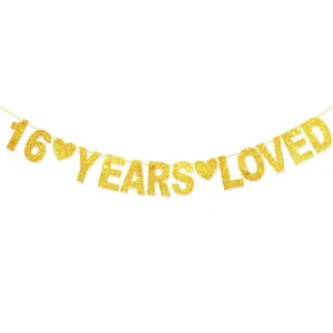Gold glitter 16 years loved banner for sweet sixteen birthday party decoration celebration.