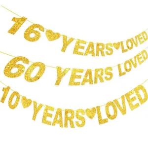 Glitter party banner with years loved text for birthday and wedding anniversary celebrations.