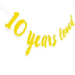 Gold glitter 10 years loved banner garland detail for party and anniversary decorations