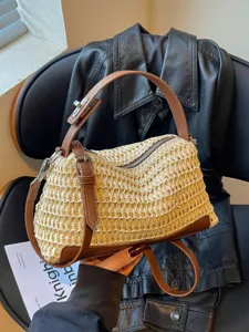 Woven straw handbag with brown leather trim, casual shoulder bag for women, stylish tote.
