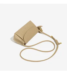 Detailed view of the elegant beige crossbody bag strap and hardware accent in high quality.
