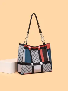 Borsa tote color-block alla moda, borsa a tracolla capiente con eleganti manici in catena e pelle.