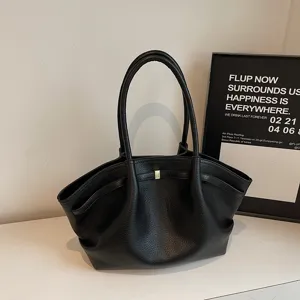 Chic black leather tote bag, large capacity shoulder handbag for women trendy fashion everyday use.