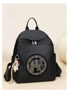 Black nylon casual backpack for women with rhinestone elephant pattern and cute pendant.