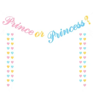 Gender reveal party banner detail featuring colorful hearts and prince or princess text.