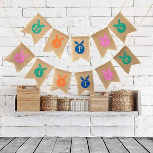 Easter Burlap Bunting Banner Rabbit Letter Printed Festive Party Decoration Hanging Garland Flag for Spring Holiday Celebration