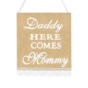 Wedding Burlap Lace Hanging Banner Daddy Here Comes Mommy Sign Rustic Wedding Party Decor Entrance Hanging Flag
