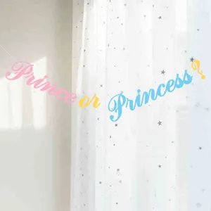 Detail view of the gender reveal party banner hanging on sheer curtain, festive baby shower decor.