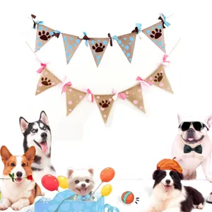 Pet party burlap pennant banner, cute dog paw print bunting garland for celebration decor.