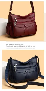 Dettagli della borsa a tracolla retro in pelle morbida con tasche multiple e scomparti.