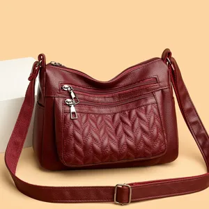 Wine Red Soft Leather Women Crossbody Bag Multi Pocket Shoulder Handbag Main View Product.