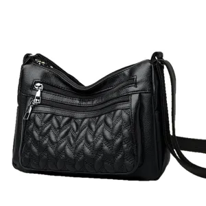 Women soft leather crossbody shoulder bag multi-pocket casual daily vintage black designer handbag