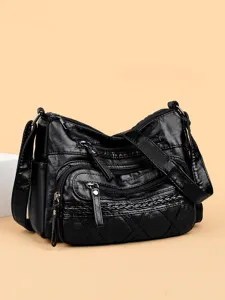 Women's Retro PU Leather Crossbody Bag Multi-Pocket Casual Shoulder Bag Woven Texture Vintage Commuter Handbag