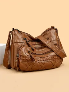 Women vintage brown leather shoulder bag multi-zipper crossbody handbag casual daily use
