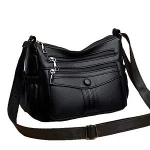 Donna retro multi-tasche borsa a tracolla in pelle morbida, borsa spalla nera grande capacità.
