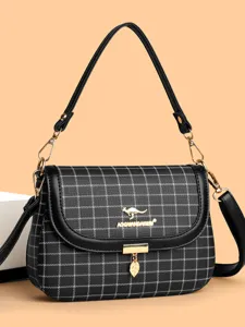 Classic black white plaid women shoulder bag stylish casual messenger handbag with leaf charm