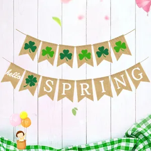 Burlap Spring Banner Shamrock Bunting Hello Spring Party Decoration Rustic Hanging Flag Decor