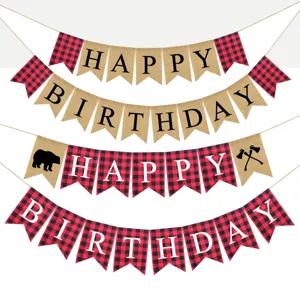 Lumberjack buffalo plaid birthday banner burlap swallowtail bunting party decoration