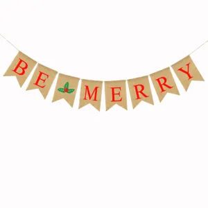 Detailed view of Christmas burlap bunting banner with red letter print and festive design.