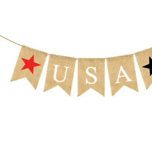 Close-up view of hessian bunting banner featuring USA letters and stars for party decor.