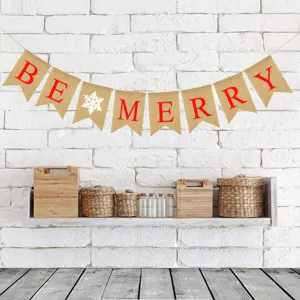 Christmas burlap banner hanging decor BE MERRY holiday party supplies rustic bunting flag.
