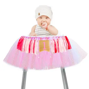 1st birthday high chair banner and pink tutu skirt set for baby boy girl party decor.