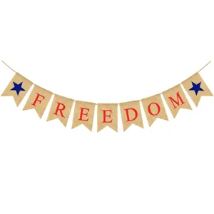 Burlap FREEDOM banner with blue stars, rustic swallowtail garland for party decor.